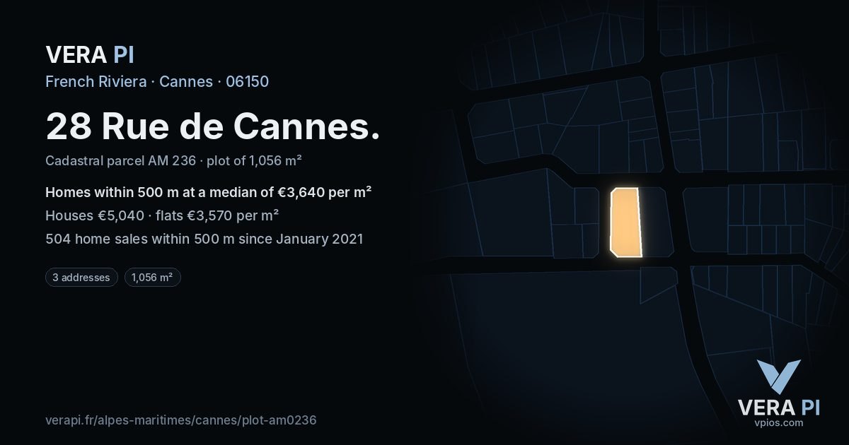 28 Rue de Cannes, Cannes at night – the plot lit, the parcels around coloured by the prices near them