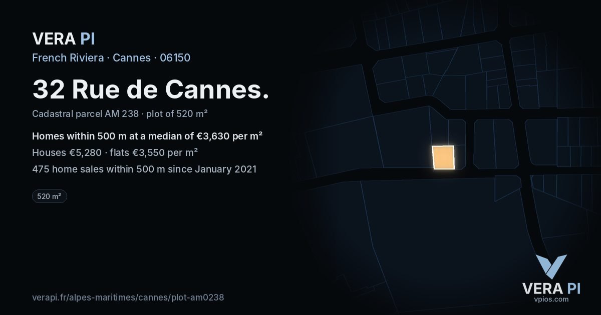 32 Rue de Cannes, Cannes at night – the plot lit, the parcels around coloured by the prices near them