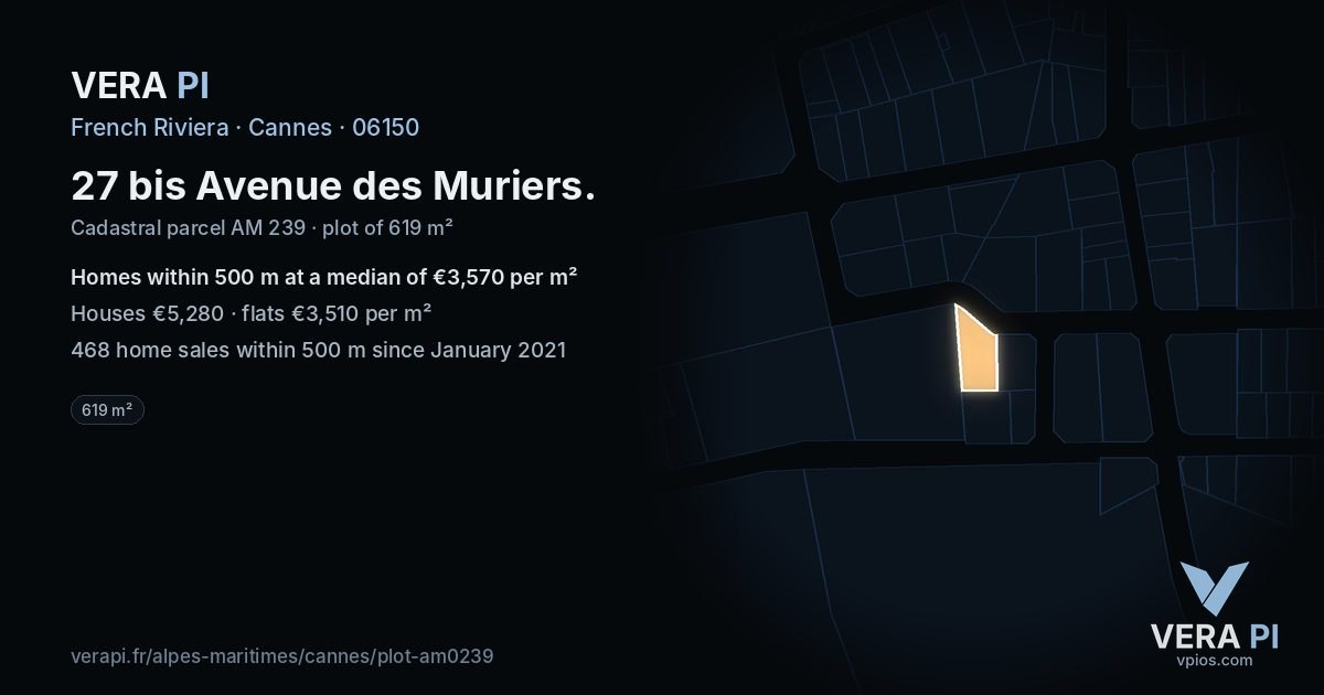 27 bis Avenue des Muriers, Cannes at night – the plot lit, the parcels around coloured by the prices near them