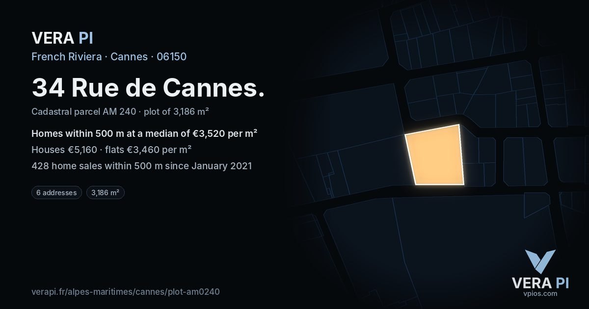 34 Rue de Cannes, Cannes at night – the plot lit, the parcels around coloured by the prices near them