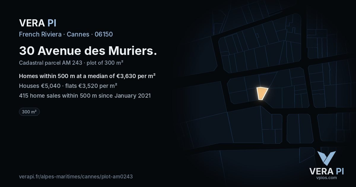 30 Avenue des Muriers, Cannes at night – the plot lit, the parcels around coloured by the prices near them