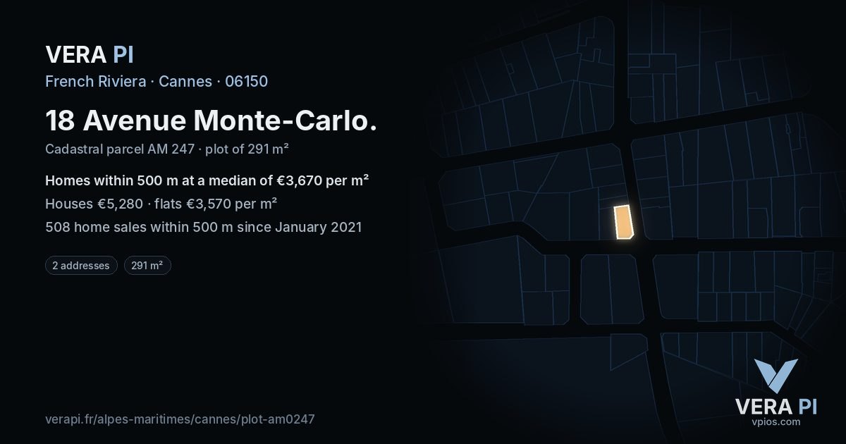 18 Avenue Monte-Carlo, Cannes at night – the plot lit, the parcels around coloured by the prices near them