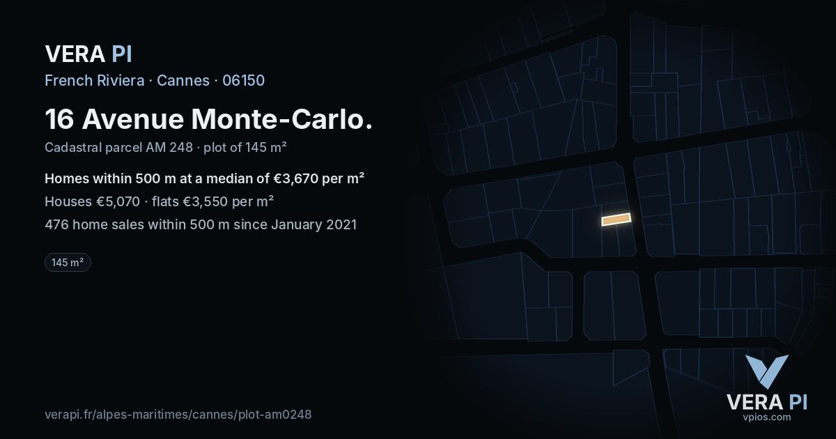 16 Avenue Monte-Carlo, Cannes at night – the plot lit, the parcels around coloured by the prices near them