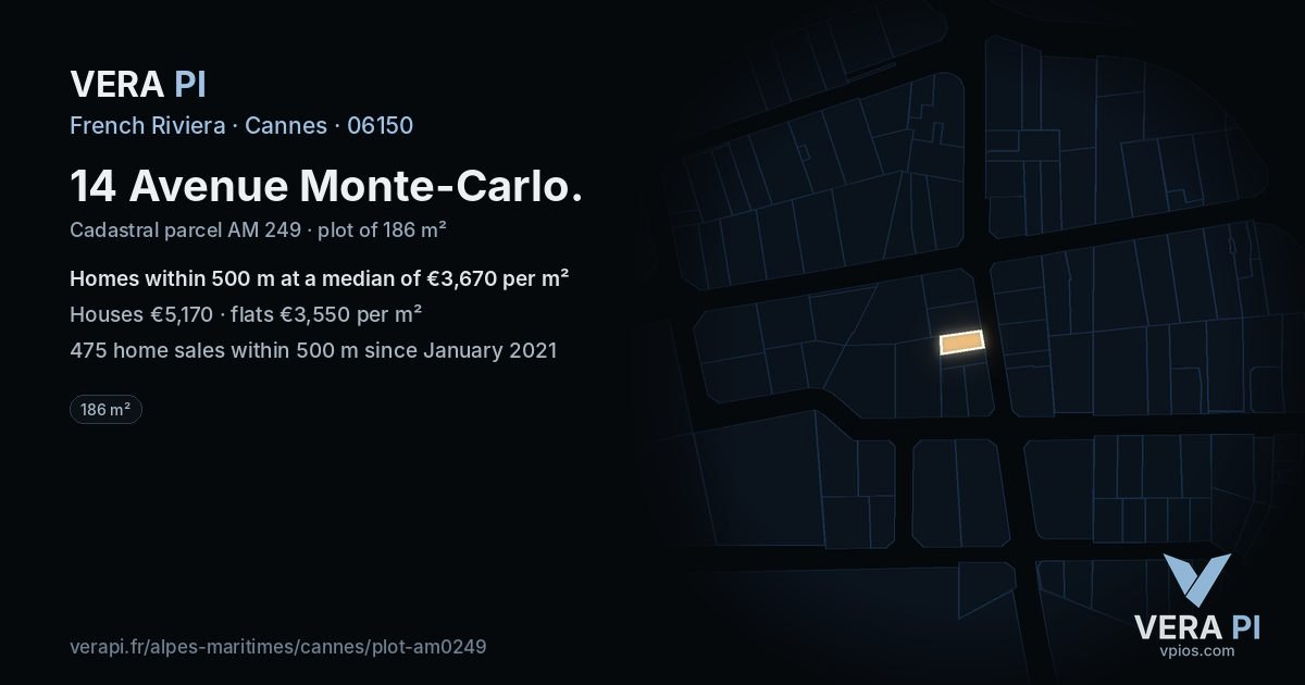 14 Avenue Monte-Carlo, Cannes at night – the plot lit, the parcels around coloured by the prices near them