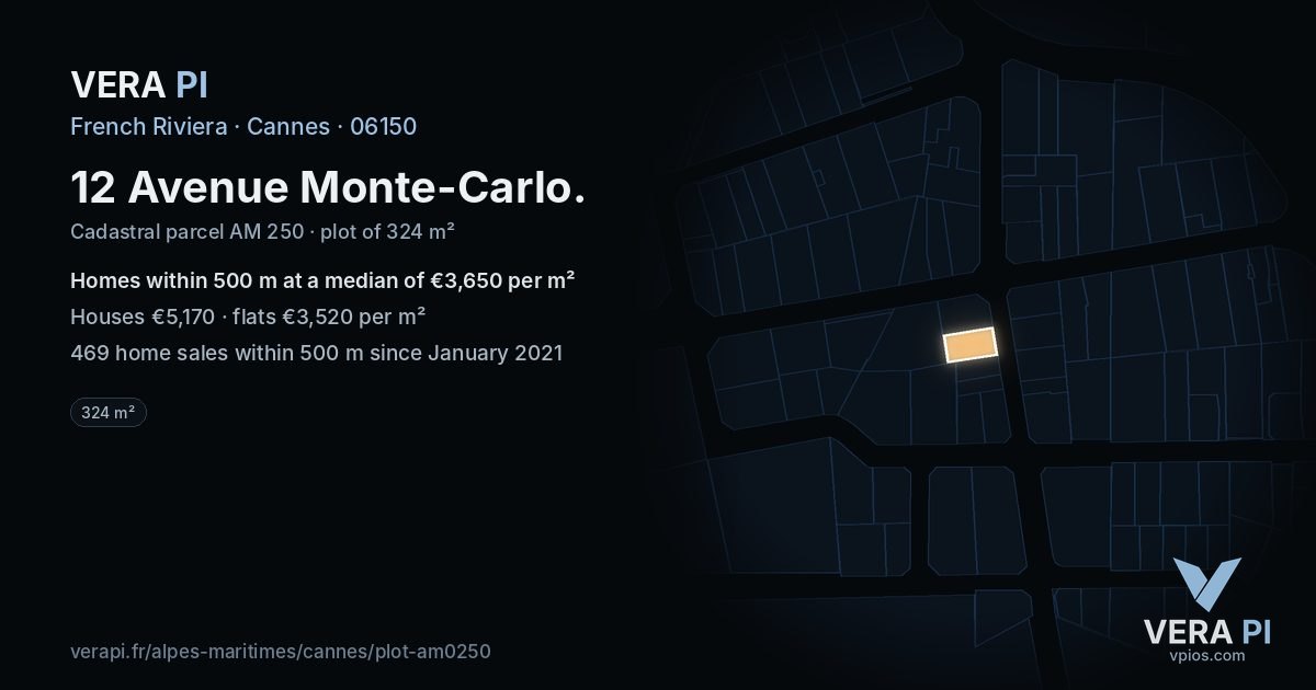 12 Avenue Monte-Carlo, Cannes at night – the plot lit, the parcels around coloured by the prices near them