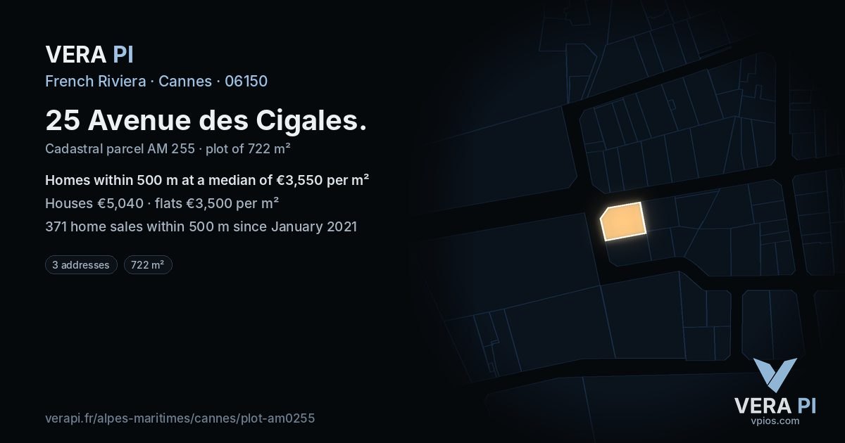 25 Avenue des Cigales, Cannes at night – the plot lit, the parcels around coloured by the prices near them