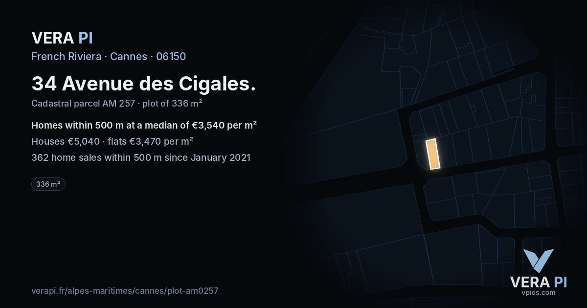 34 Avenue des Cigales, Cannes at night – the plot lit, the parcels around coloured by the prices near them