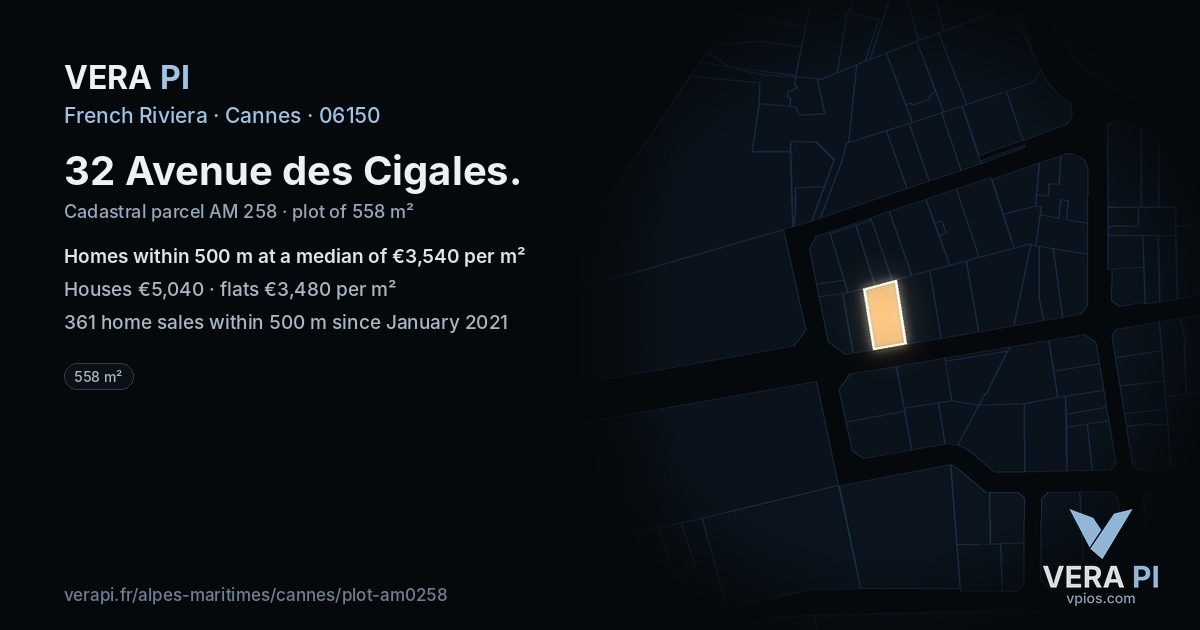 32 Avenue des Cigales, Cannes at night – the plot lit, the parcels around coloured by the prices near them
