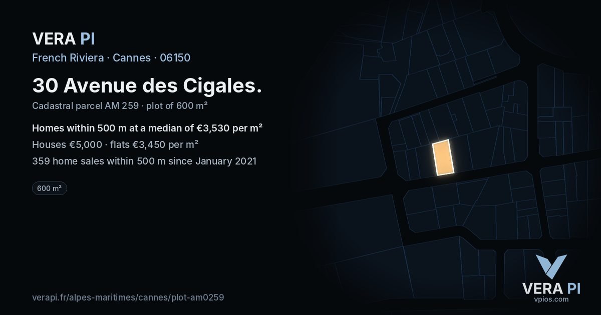 30 Avenue des Cigales, Cannes at night – the plot lit, the parcels around coloured by the prices near them