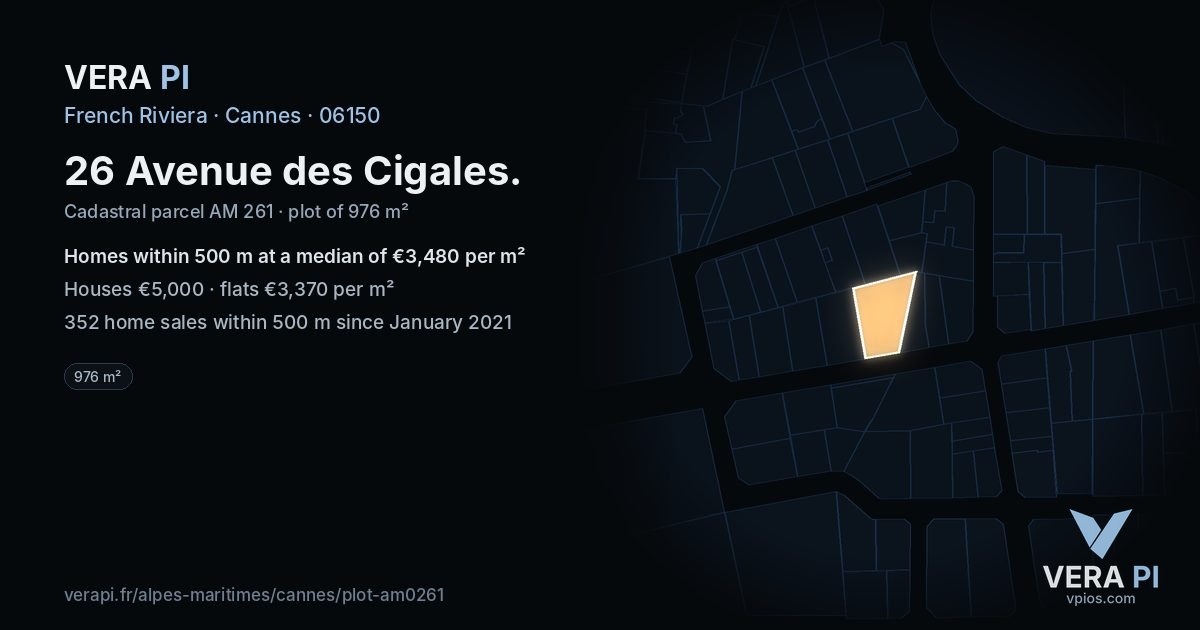 26 Avenue des Cigales, Cannes at night – the plot lit, the parcels around coloured by the prices near them