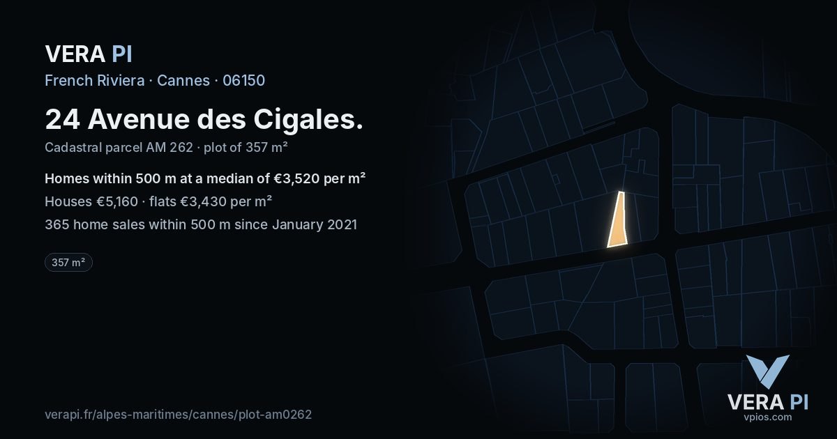 24 Avenue des Cigales, Cannes at night – the plot lit, the parcels around coloured by the prices near them