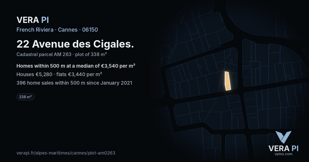 22 Avenue des Cigales, Cannes at night – the plot lit, the parcels around coloured by the prices near them