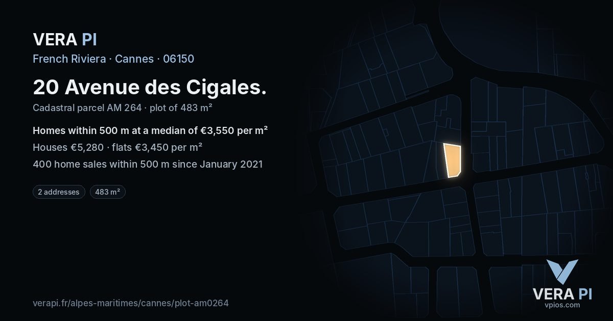 20 Avenue des Cigales, Cannes at night – the plot lit, the parcels around coloured by the prices near them