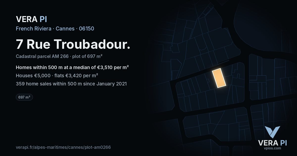 7 Rue Troubadour, Cannes at night – the plot lit, the parcels around coloured by the prices near them