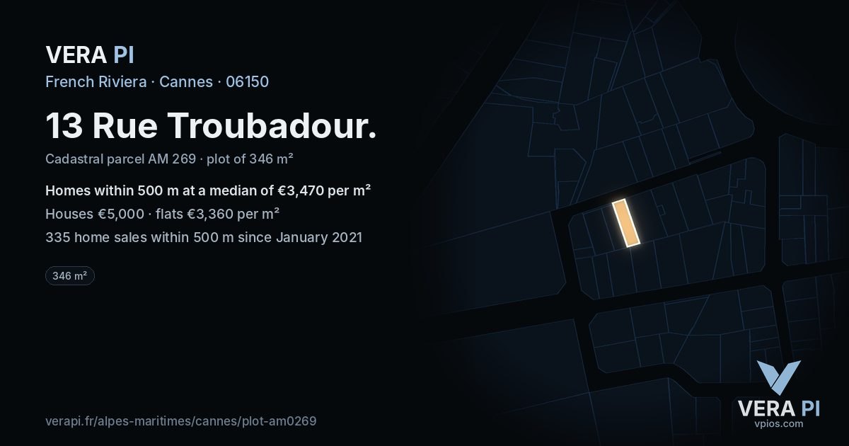 13 Rue Troubadour, Cannes at night – the plot lit, the parcels around coloured by the prices near them