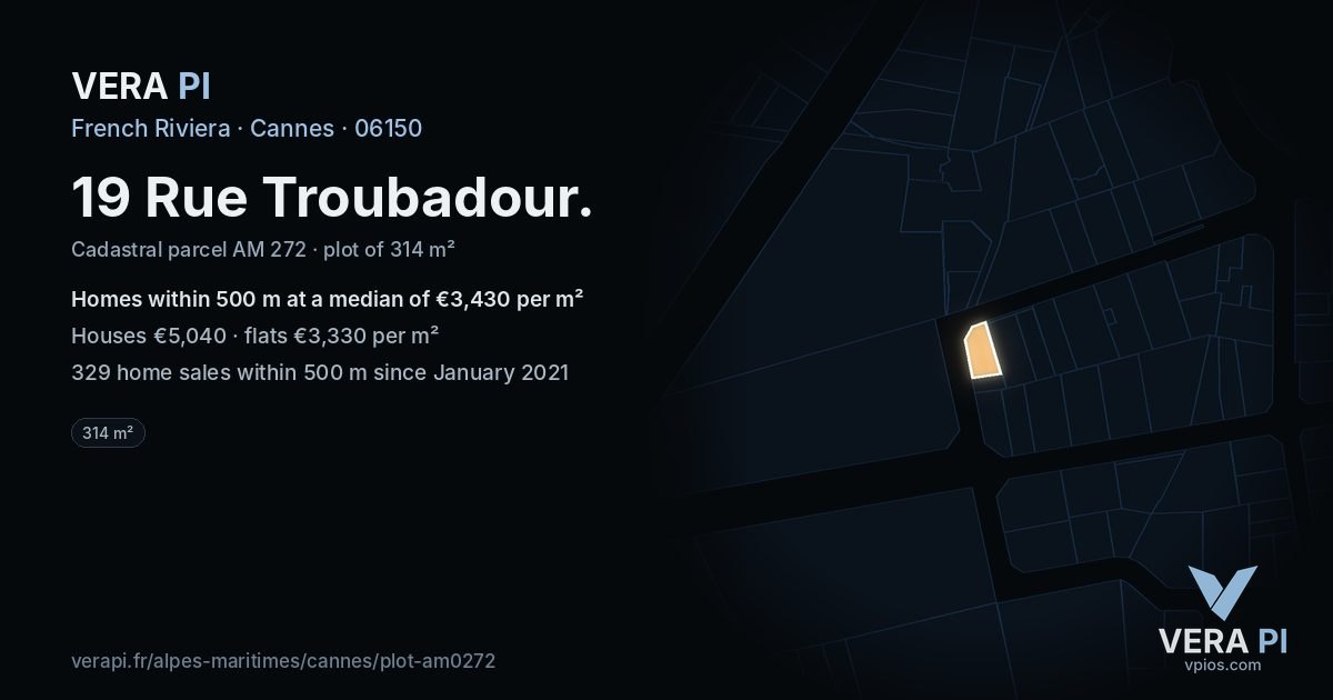 19 Rue Troubadour, Cannes at night – the plot lit, the parcels around coloured by the prices near them