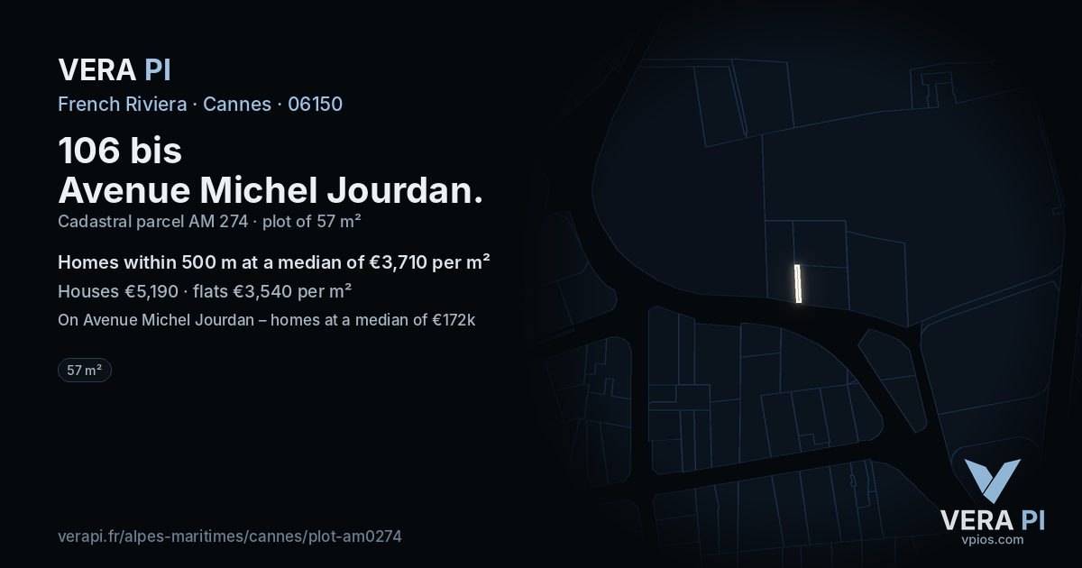 106 bis Avenue Michel Jourdan, Cannes at night – the plot lit, the parcels around coloured by the prices near them