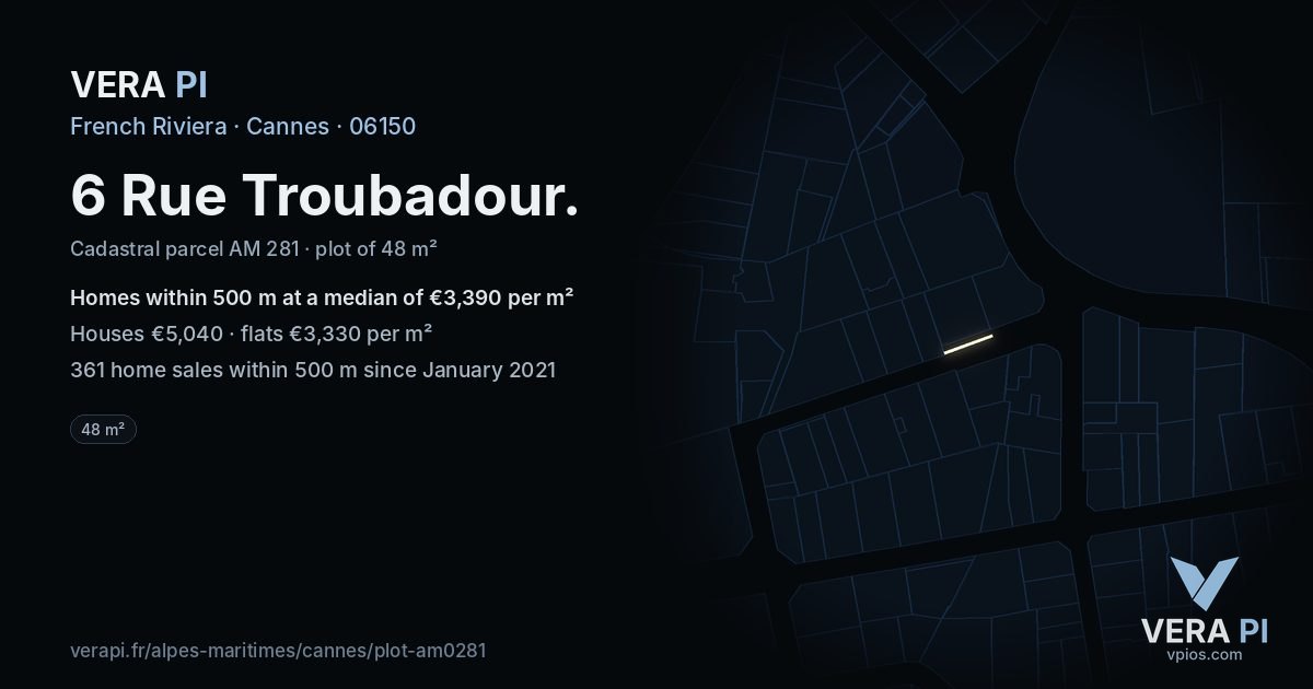6 Rue Troubadour, Cannes at night – the plot lit, the parcels around coloured by the prices near them