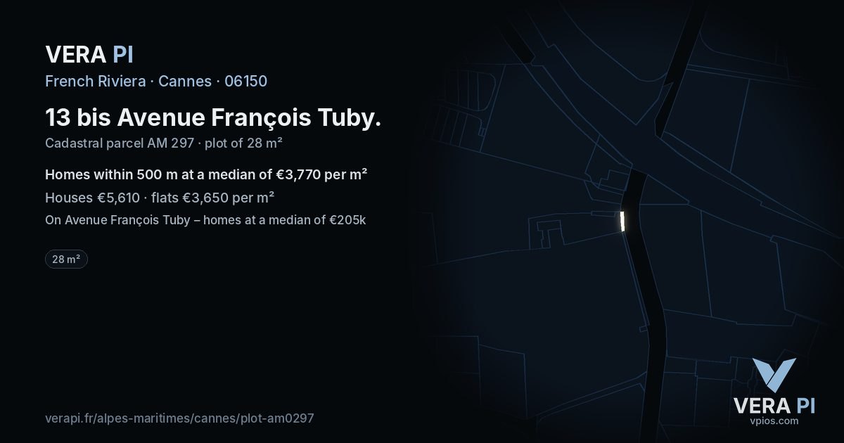 13 bis Avenue François Tuby, Cannes at night – the plot lit, the parcels around coloured by the prices near them