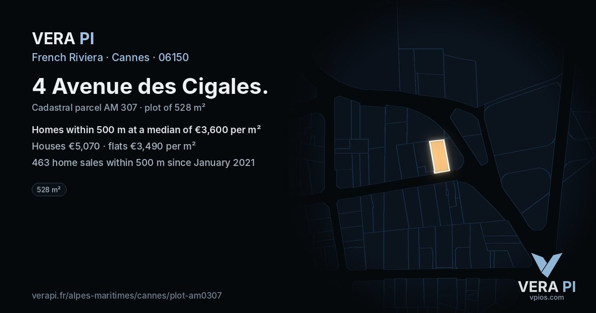 4 Avenue des Cigales, Cannes at night – the plot lit, the parcels around coloured by the prices near them