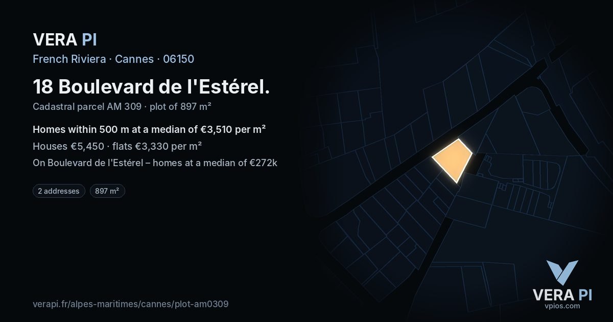 18 Boulevard de l'Estérel, Cannes at night – the plot lit, the parcels around coloured by the prices near them