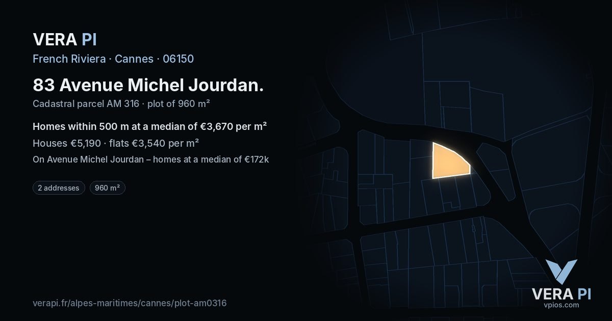 83 Avenue Michel Jourdan, Cannes at night – the plot lit, the parcels around coloured by the prices near them