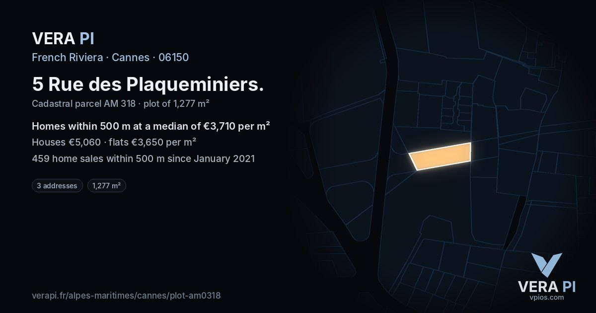 5 Rue des Plaqueminiers, Cannes at night – the plot lit, the parcels around coloured by the prices near them