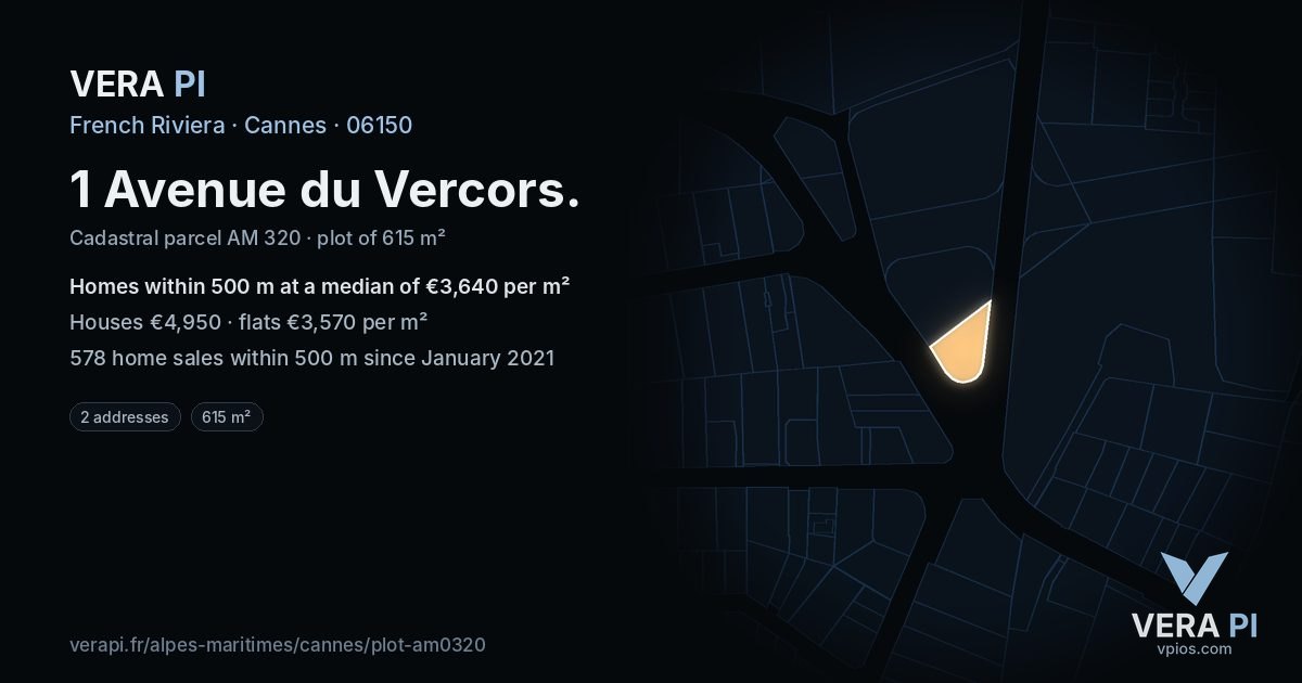 1 Avenue du Vercors, Cannes at night – the plot lit, the parcels around coloured by the prices near them