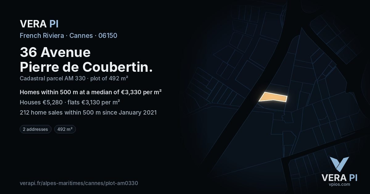 36 Avenue Pierre de Coubertin, Cannes at night – the plot lit, the parcels around coloured by the prices near them