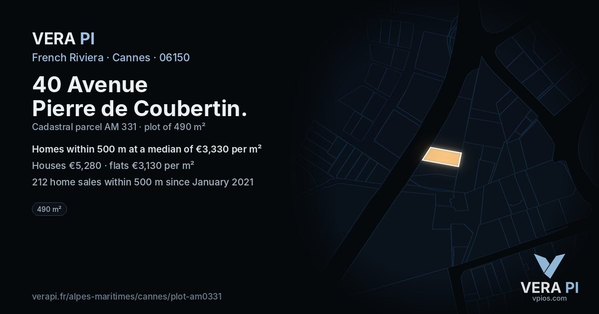 40 Avenue Pierre de Coubertin, Cannes at night – the plot lit, the parcels around coloured by the prices near them