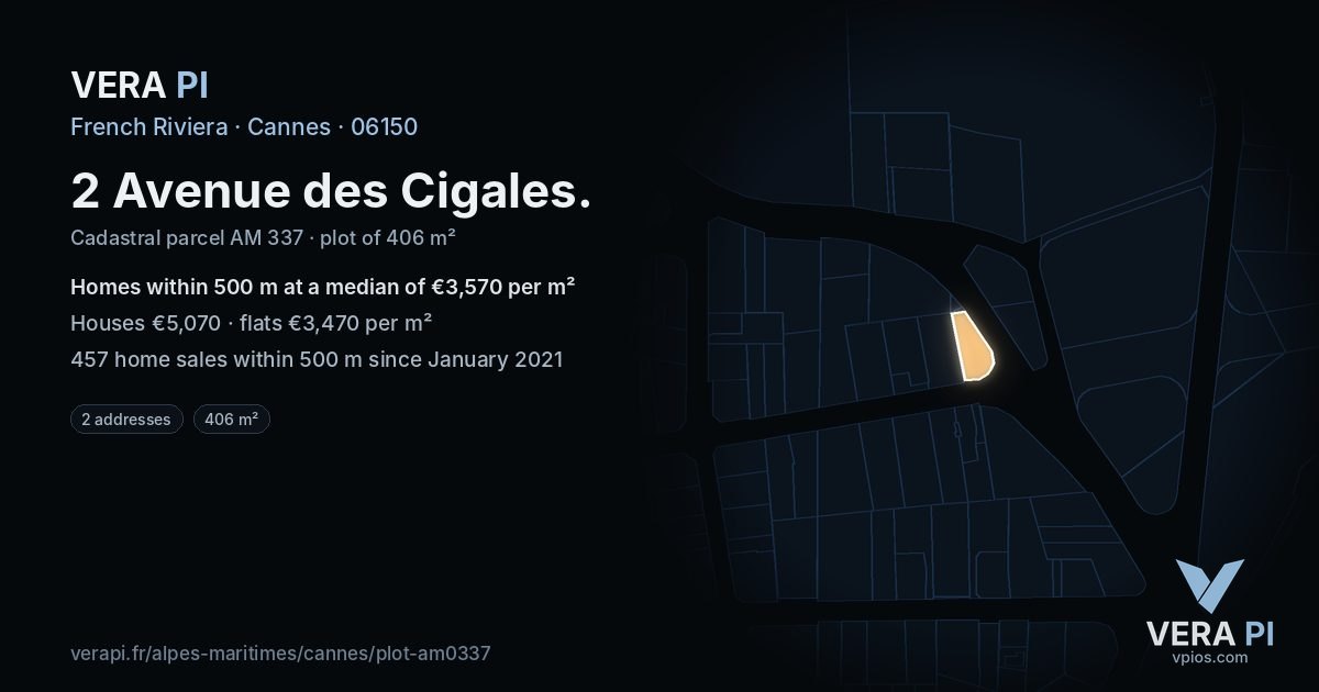2 Avenue des Cigales, Cannes at night – the plot lit, the parcels around coloured by the prices near them