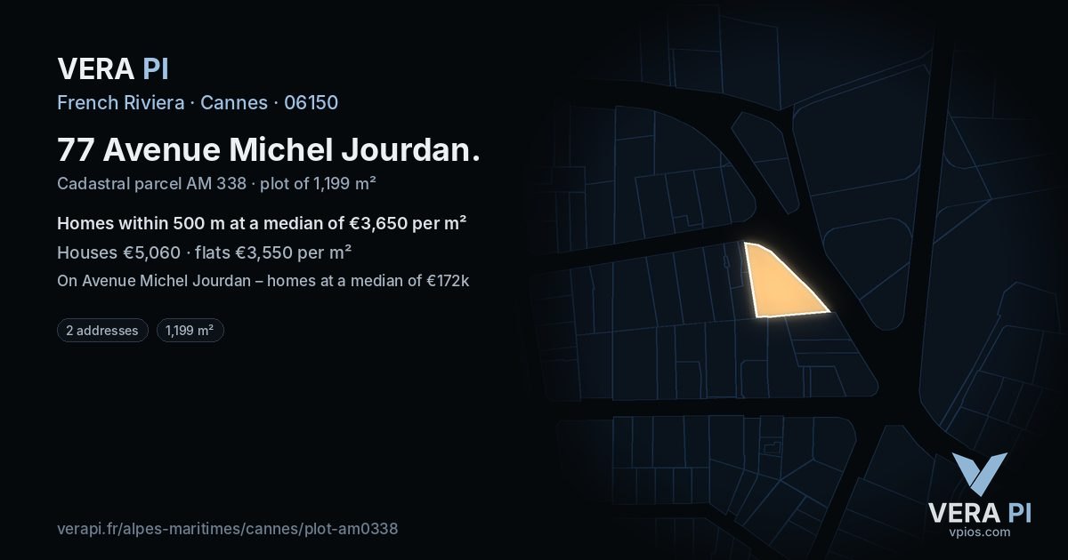 77 Avenue Michel Jourdan, Cannes at night – the plot lit, the parcels around coloured by the prices near them