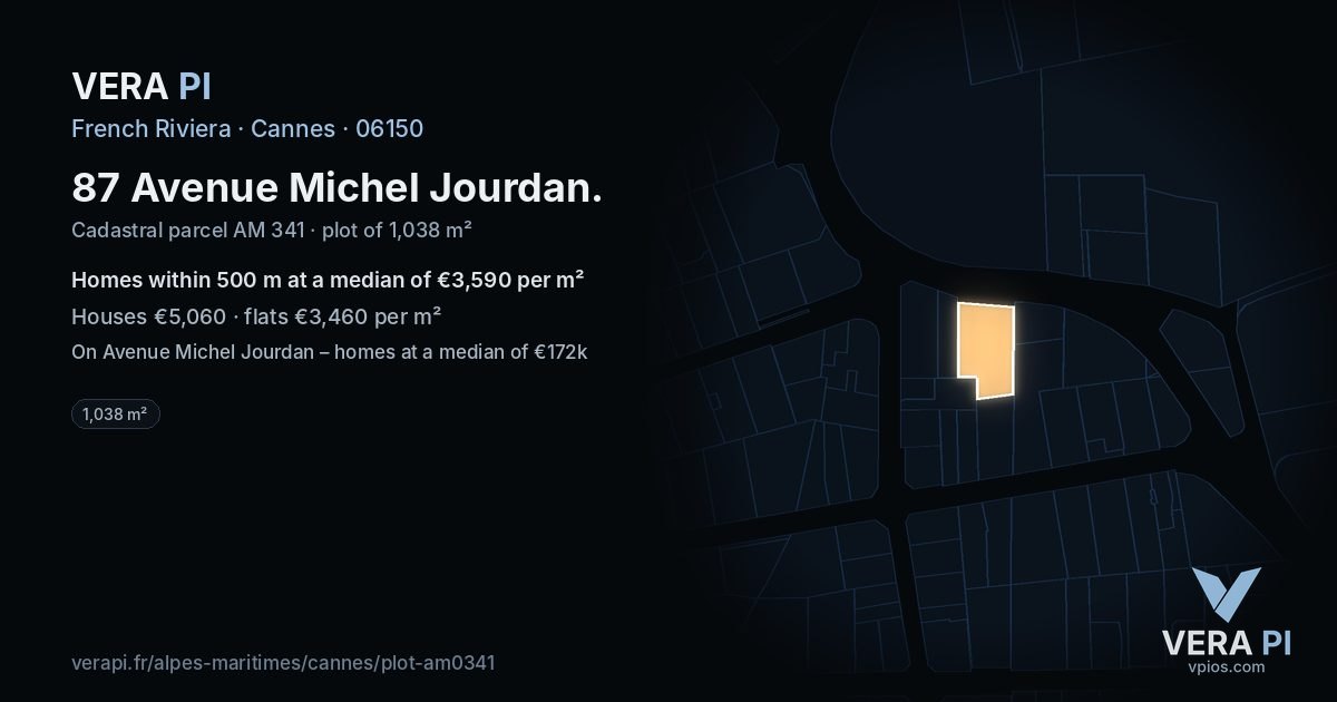 87 Avenue Michel Jourdan, Cannes at night – the plot lit, the parcels around coloured by the prices near them