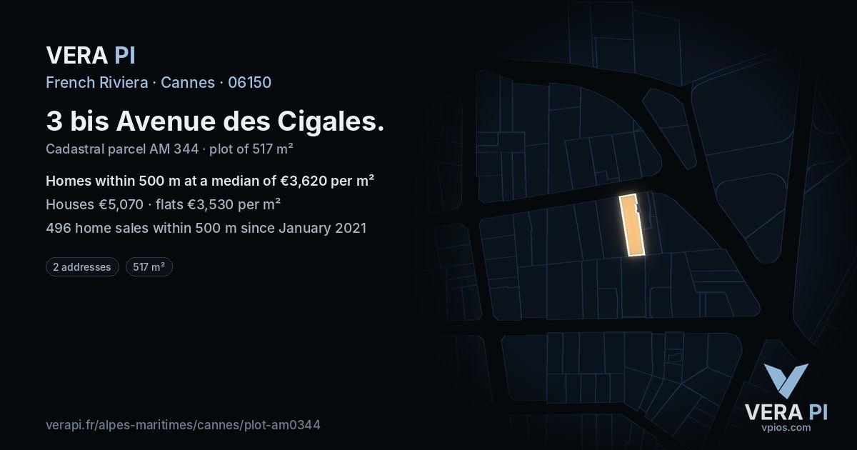 3 bis Avenue des Cigales, Cannes at night – the plot lit, the parcels around coloured by the prices near them