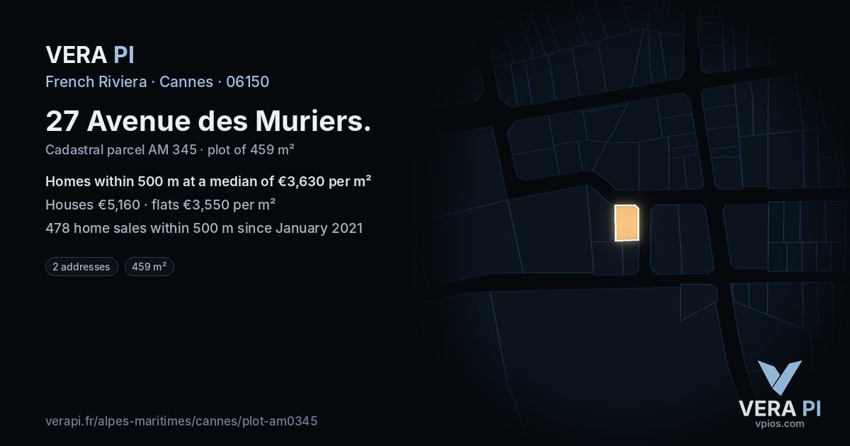 27 Avenue des Muriers, Cannes at night – the plot lit, the parcels around coloured by the prices near them
