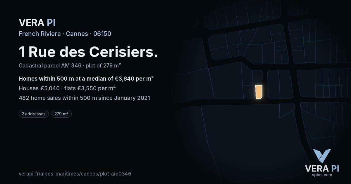 1 Rue des Cerisiers, Cannes at night – the plot lit, the parcels around coloured by the prices near them
