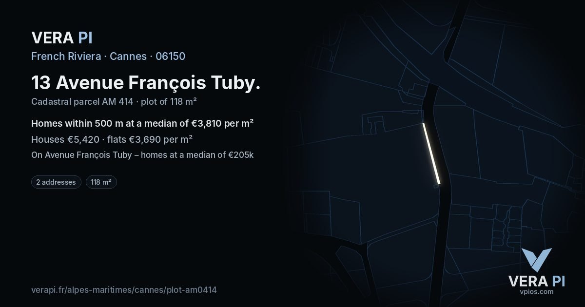 13 Avenue François Tuby, Cannes at night – the plot lit, the parcels around coloured by the prices near them