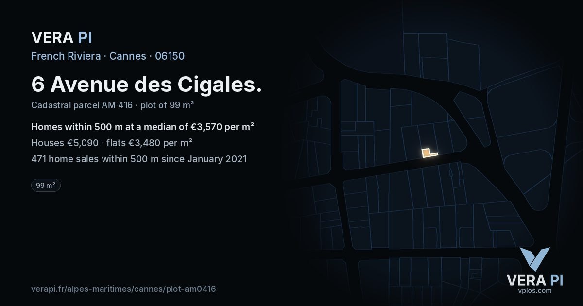 6 Avenue des Cigales, Cannes at night – the plot lit, the parcels around coloured by the prices near them