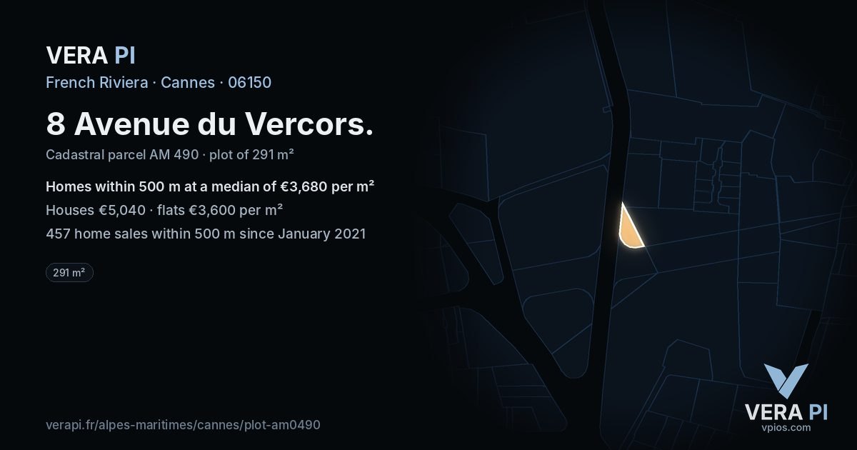 8 Avenue du Vercors, Cannes at night – the plot lit, the parcels around coloured by the prices near them
