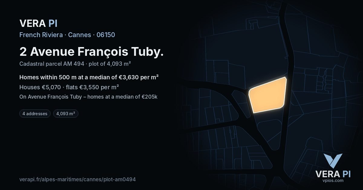 2 Avenue François Tuby, Cannes at night – the plot lit, the parcels around coloured by the prices near them