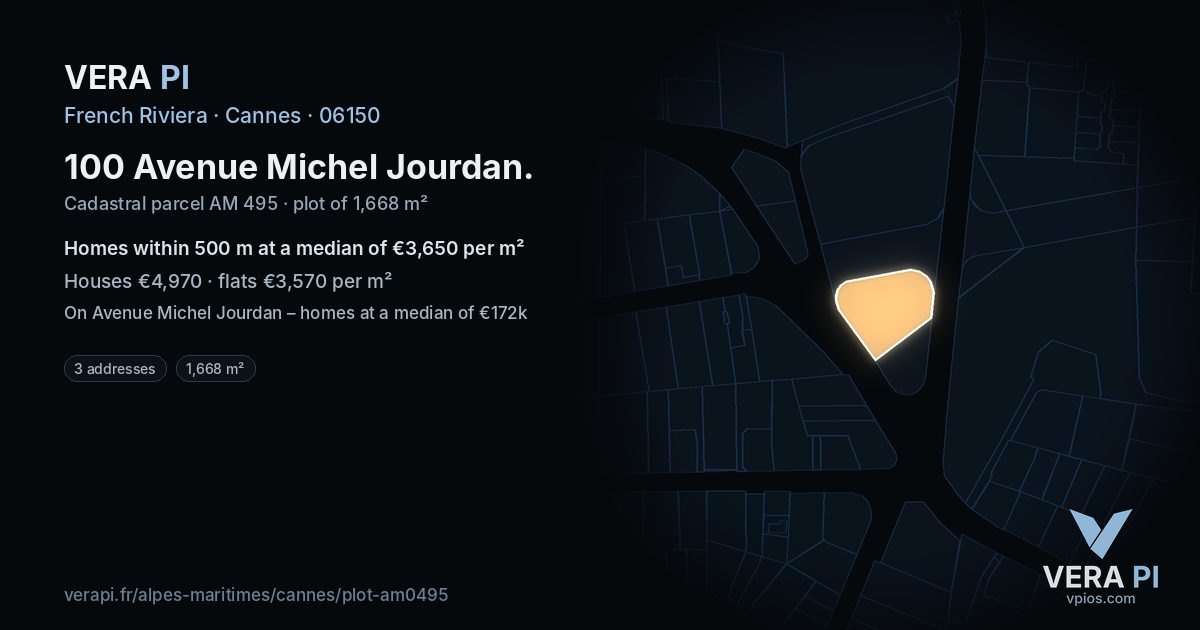 100 Avenue Michel Jourdan, Cannes at night – the plot lit, the parcels around coloured by the prices near them