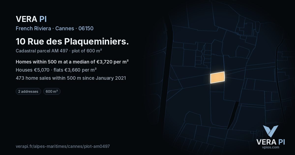 10 Rue des Plaqueminiers, Cannes at night – the plot lit, the parcels around coloured by the prices near them