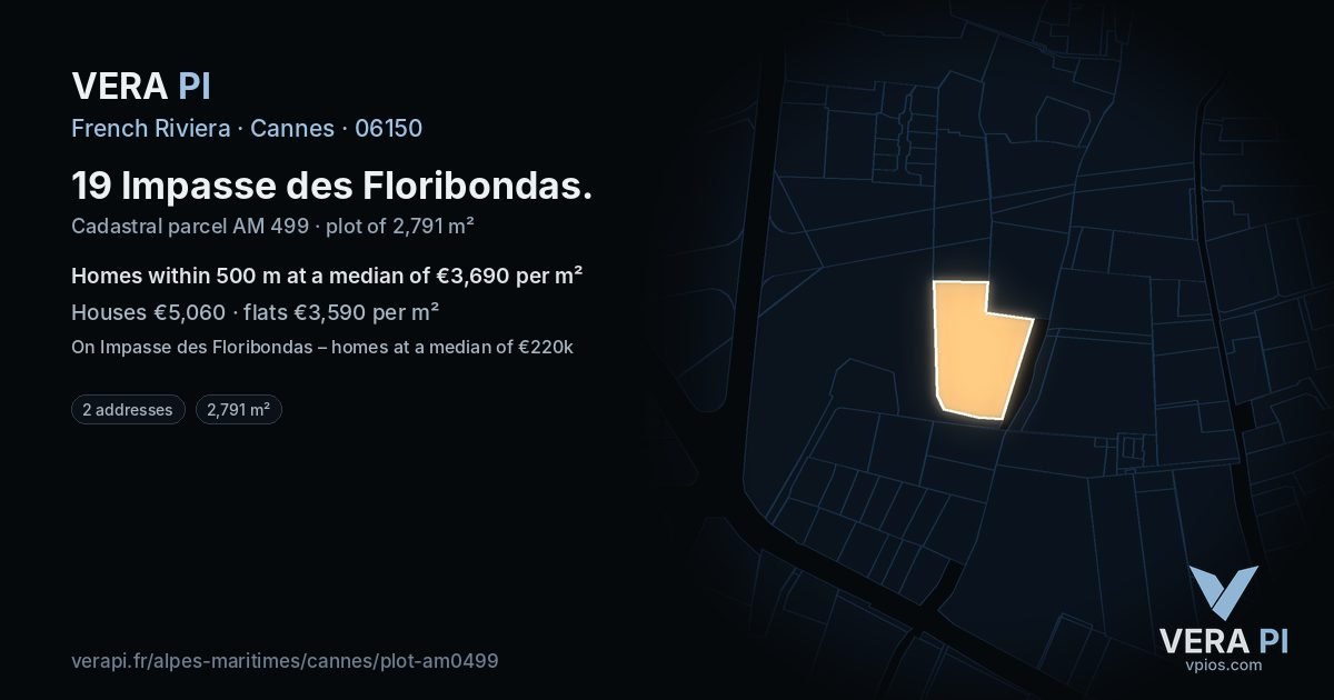19 Impasse des Floribondas, Cannes at night – the plot lit, the parcels around coloured by the prices near them
