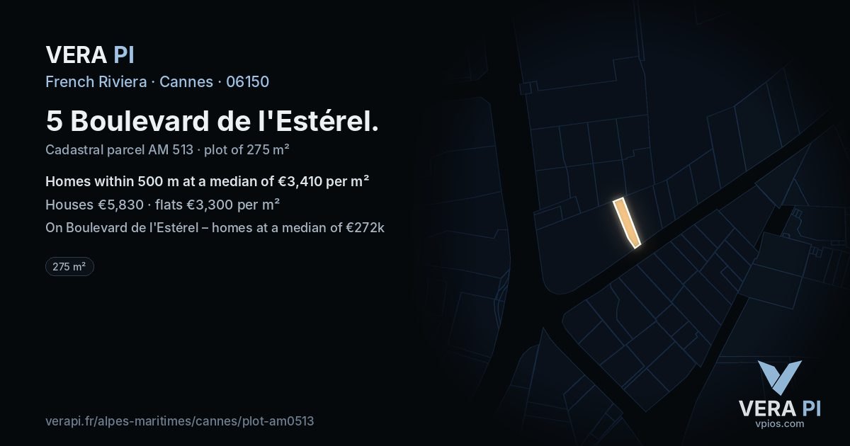 5 Boulevard de l'Estérel, Cannes at night – the plot lit, the parcels around coloured by the prices near them
