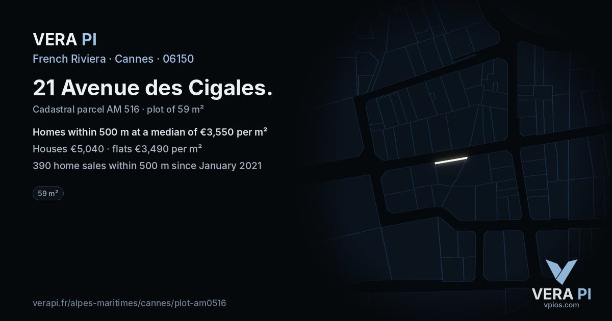 21 Avenue des Cigales, Cannes at night – the plot lit, the parcels around coloured by the prices near them