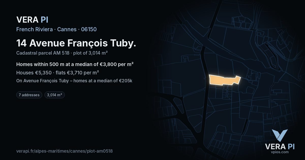 14 Avenue François Tuby, Cannes at night – the plot lit, the parcels around coloured by the prices near them