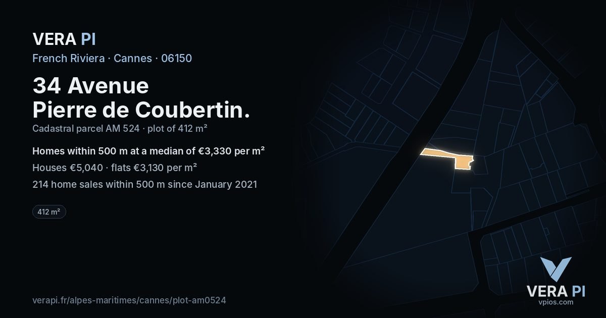 34 Avenue Pierre de Coubertin, Cannes at night – the plot lit, the parcels around coloured by the prices near them