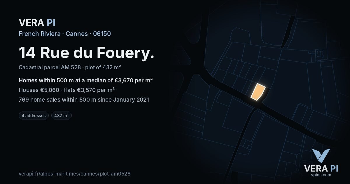 14 Rue du Fouery, Cannes at night – the plot lit, the parcels around coloured by the prices near them