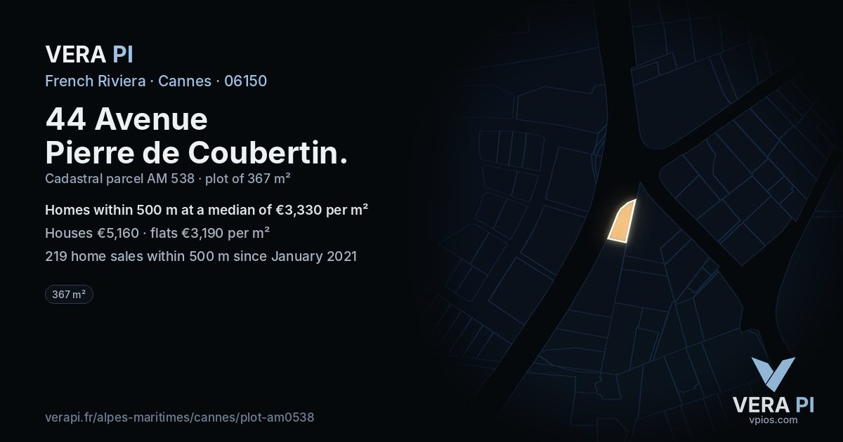 44 Avenue Pierre de Coubertin, Cannes at night – the plot lit, the parcels around coloured by the prices near them