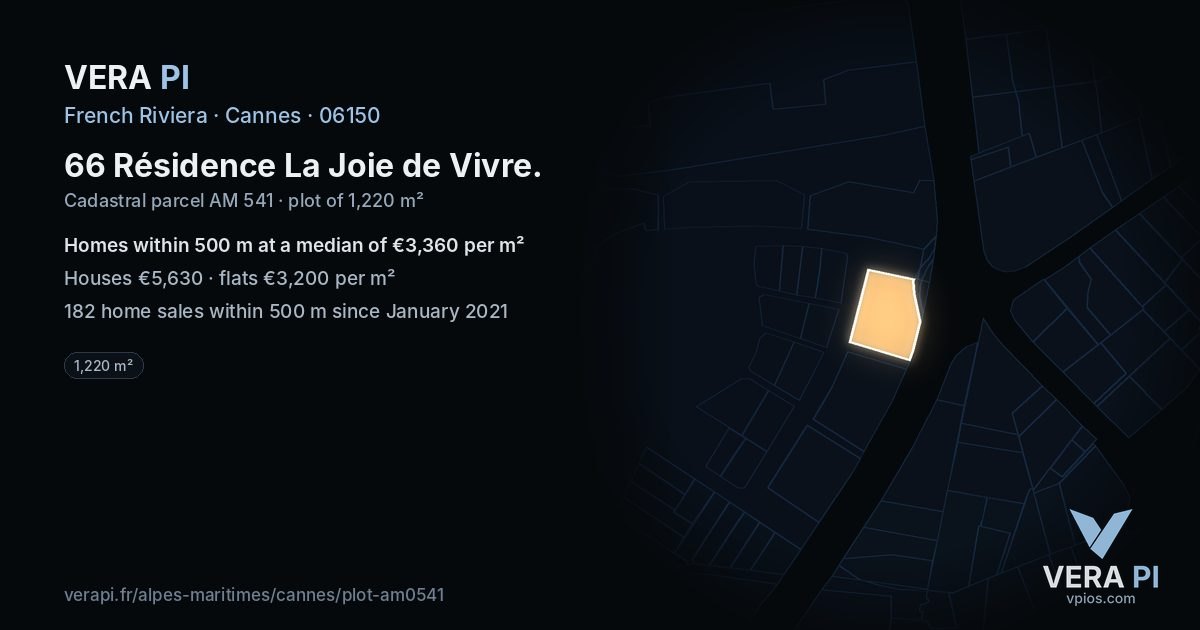 66 Résidence La Joie de Vivre, Cannes at night – the plot lit, the parcels around coloured by the prices near them